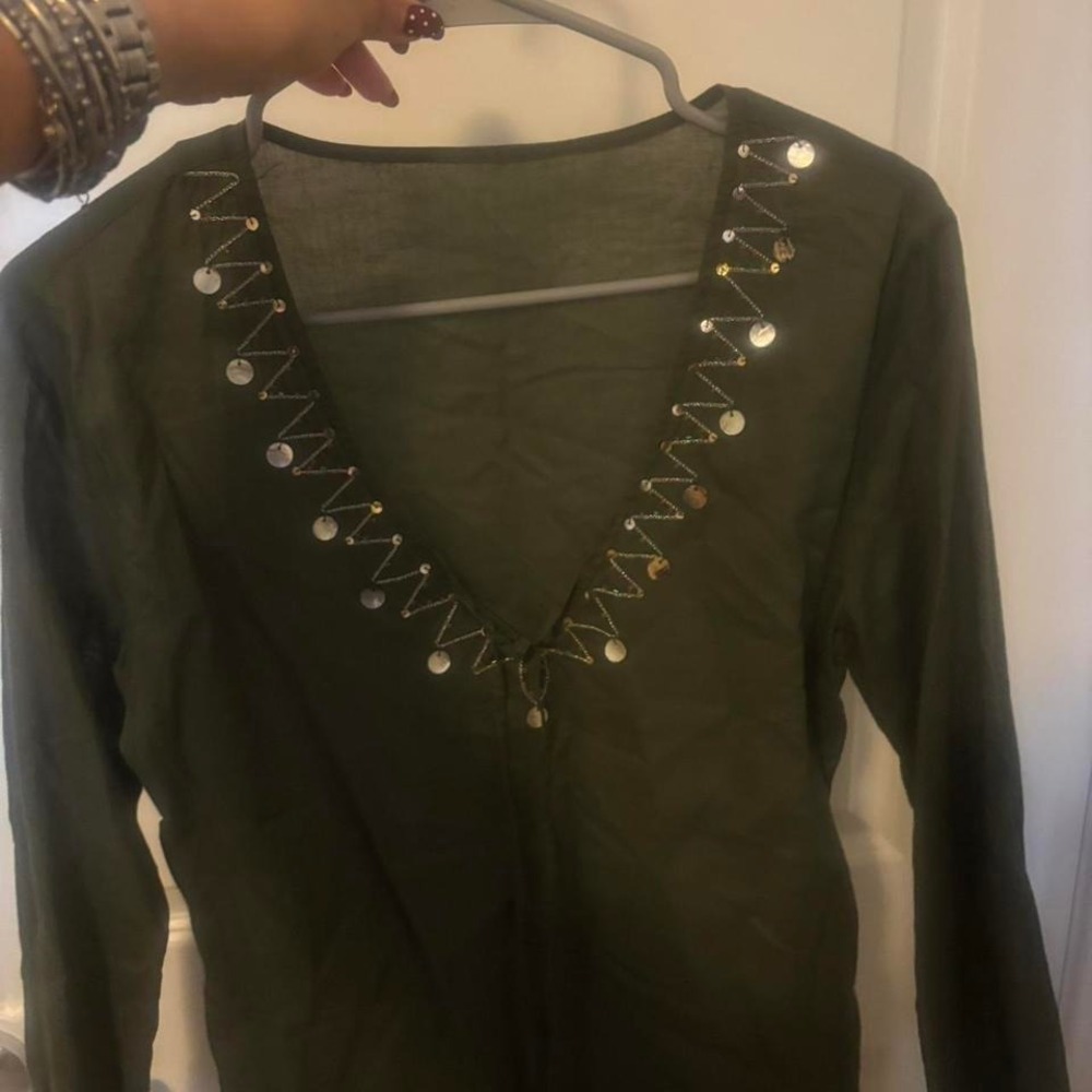 Khaki‎ green long sleeve top with silver and gold beaded detailing